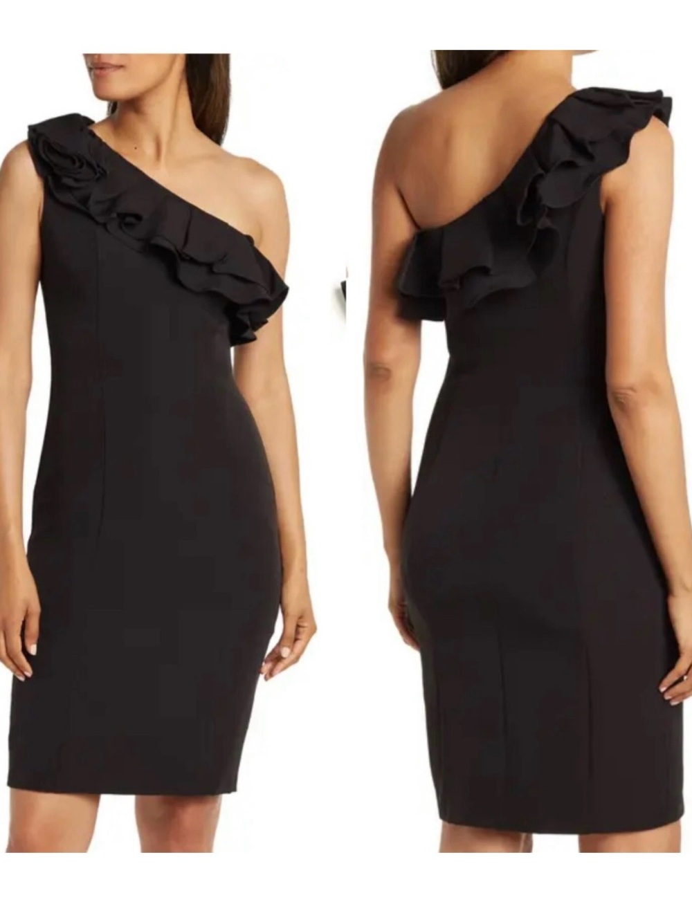 Marina Black One Shoulder Sheath Dress Rosette Size 8